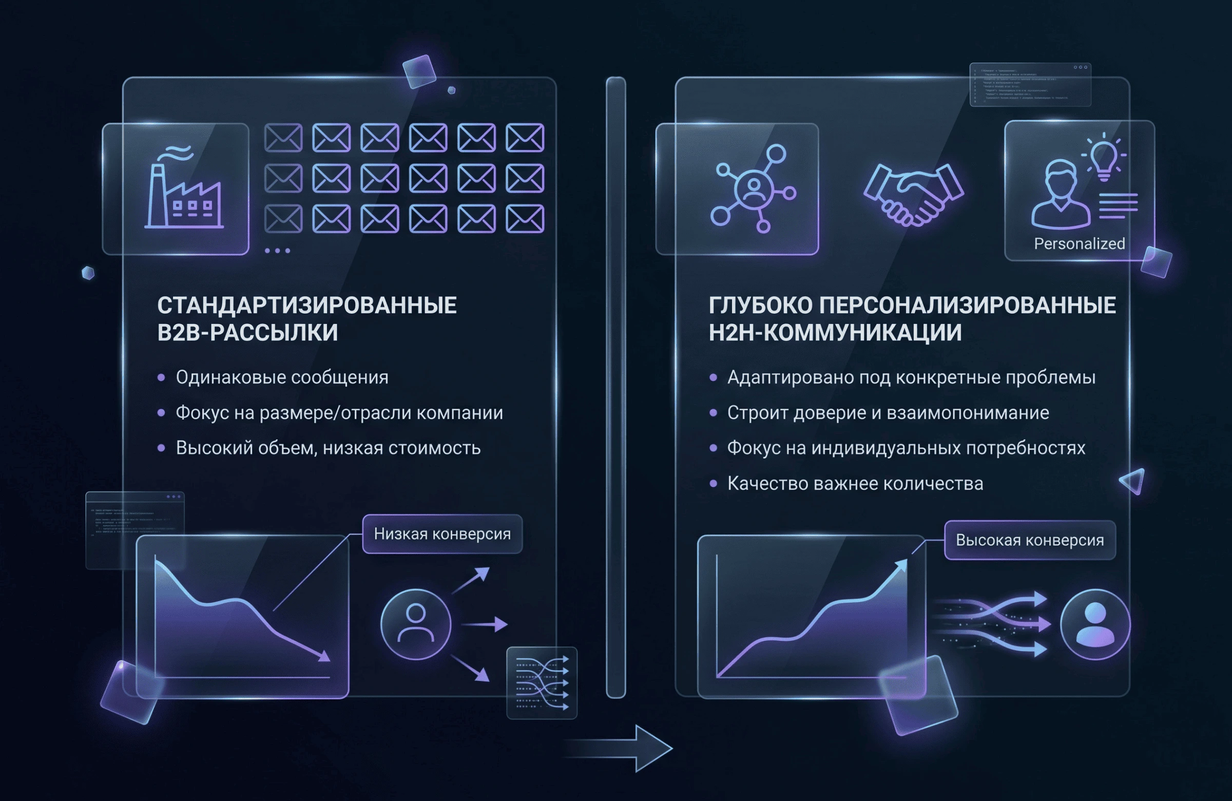 Сравнение конверсии стандартизированных B2B-рассылок и глубоко персонализированных H2H-коммуникаций