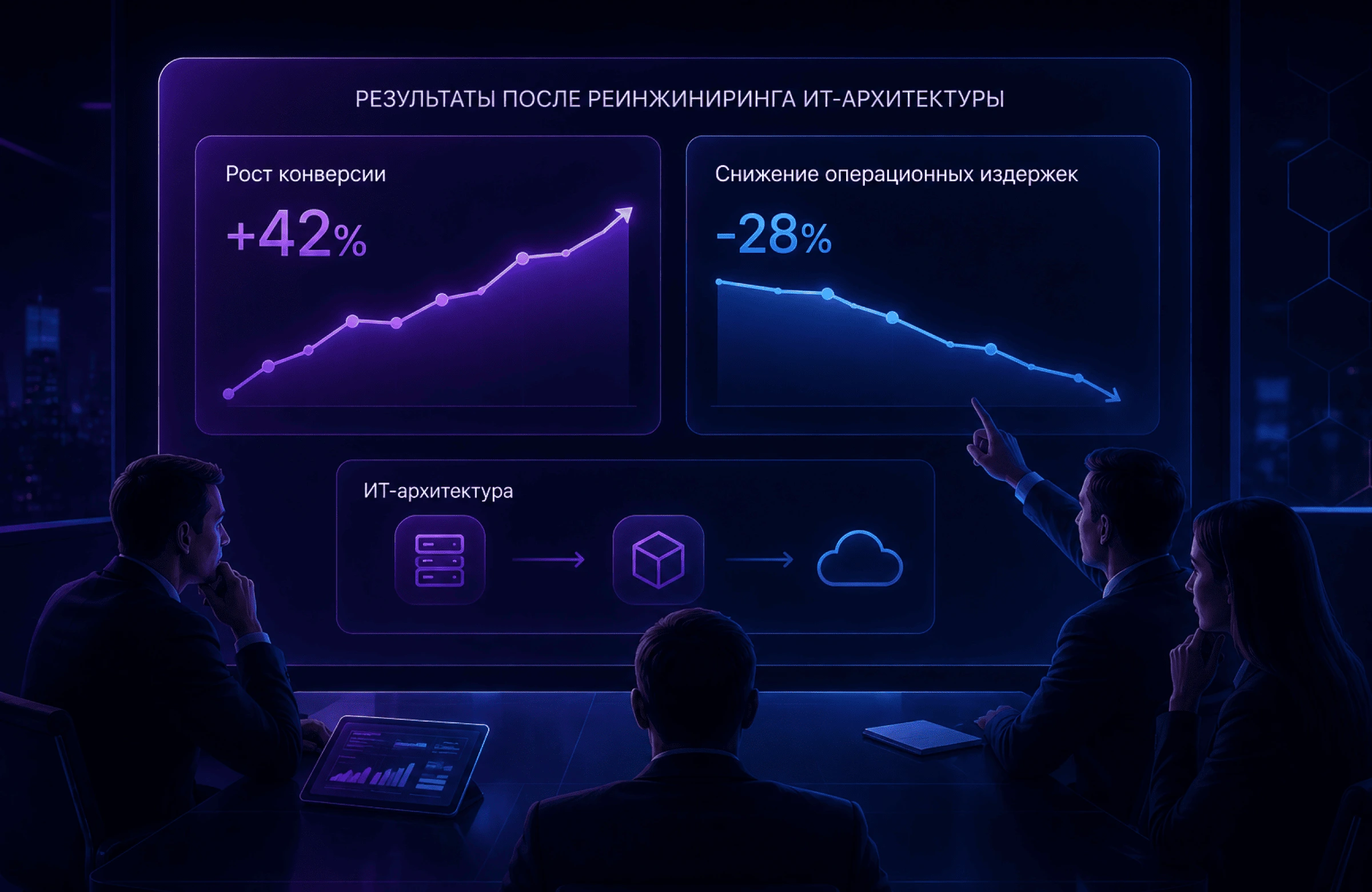 Топ-менеджмент анализирует рост конверсии и снижение операционных издержек после реинжиниринга ИТ-архитектуры
