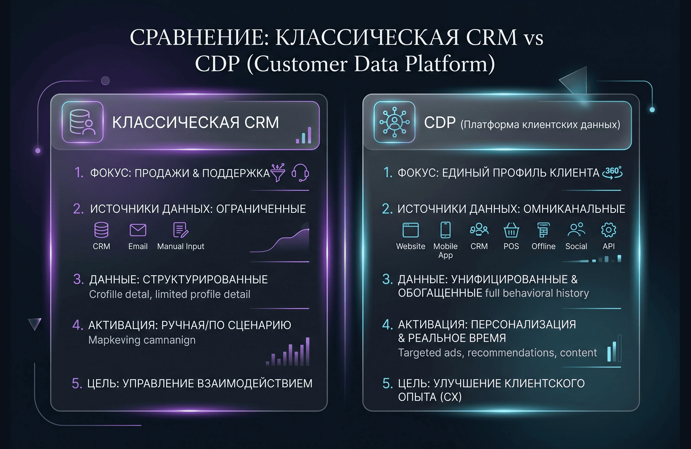 Схема отличий классической CRM-системы от Customer Data Platform (CDP)